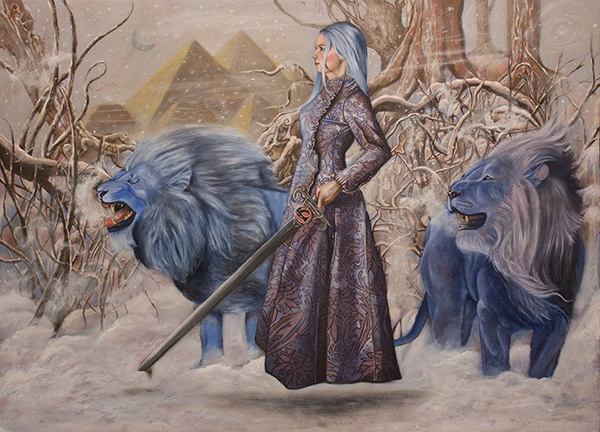 Joseph Weinreb contemporary symbolist painting. Blue lions and a flying woman with a sword. Started at IMC art workshop 1019