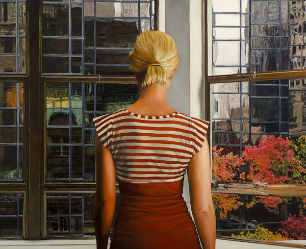 Dianne Gall woman in stripes looking out window painting PoetsArtists exhibition 