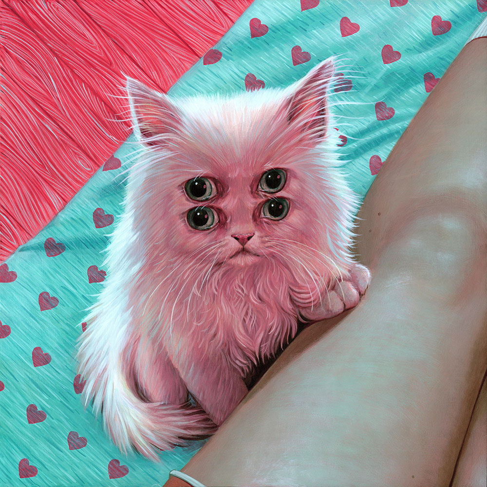 pop surrealism painting of a many eyed kitten by artist casey weldon published in issue 27 of beautiful bizarre art magazine