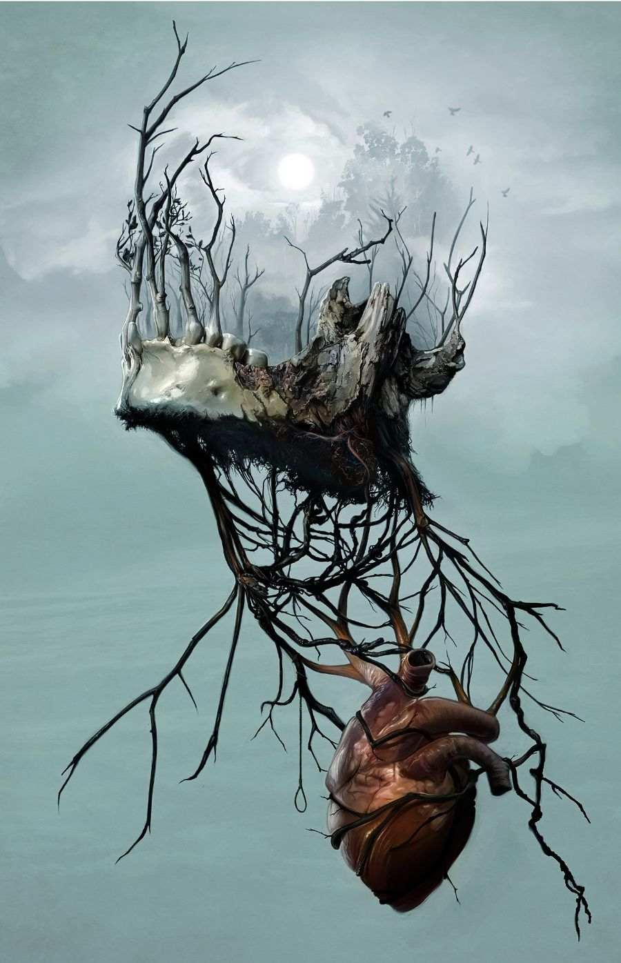 David Seidman Digital Painting Tree Roots Skull Fog Heart