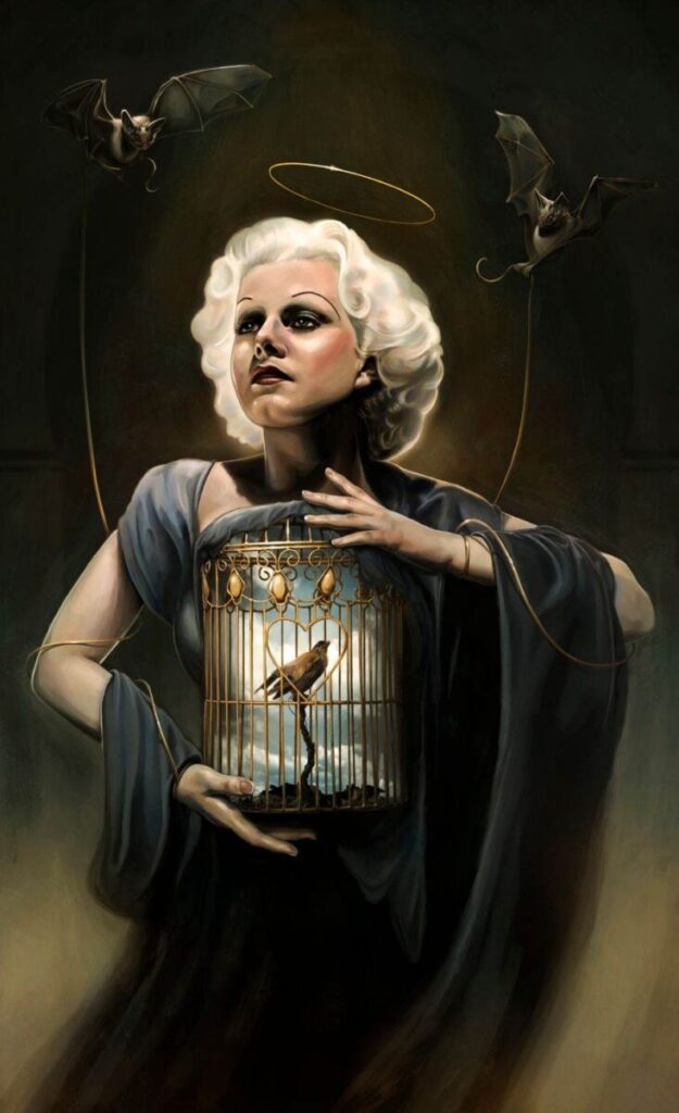 David Seidman Digital Painting Woman Halo Bats Birdcage