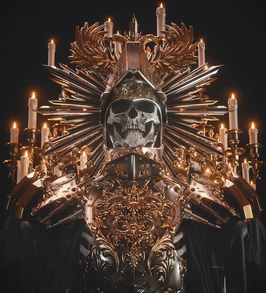 Billelis digital art robot knight candles skull