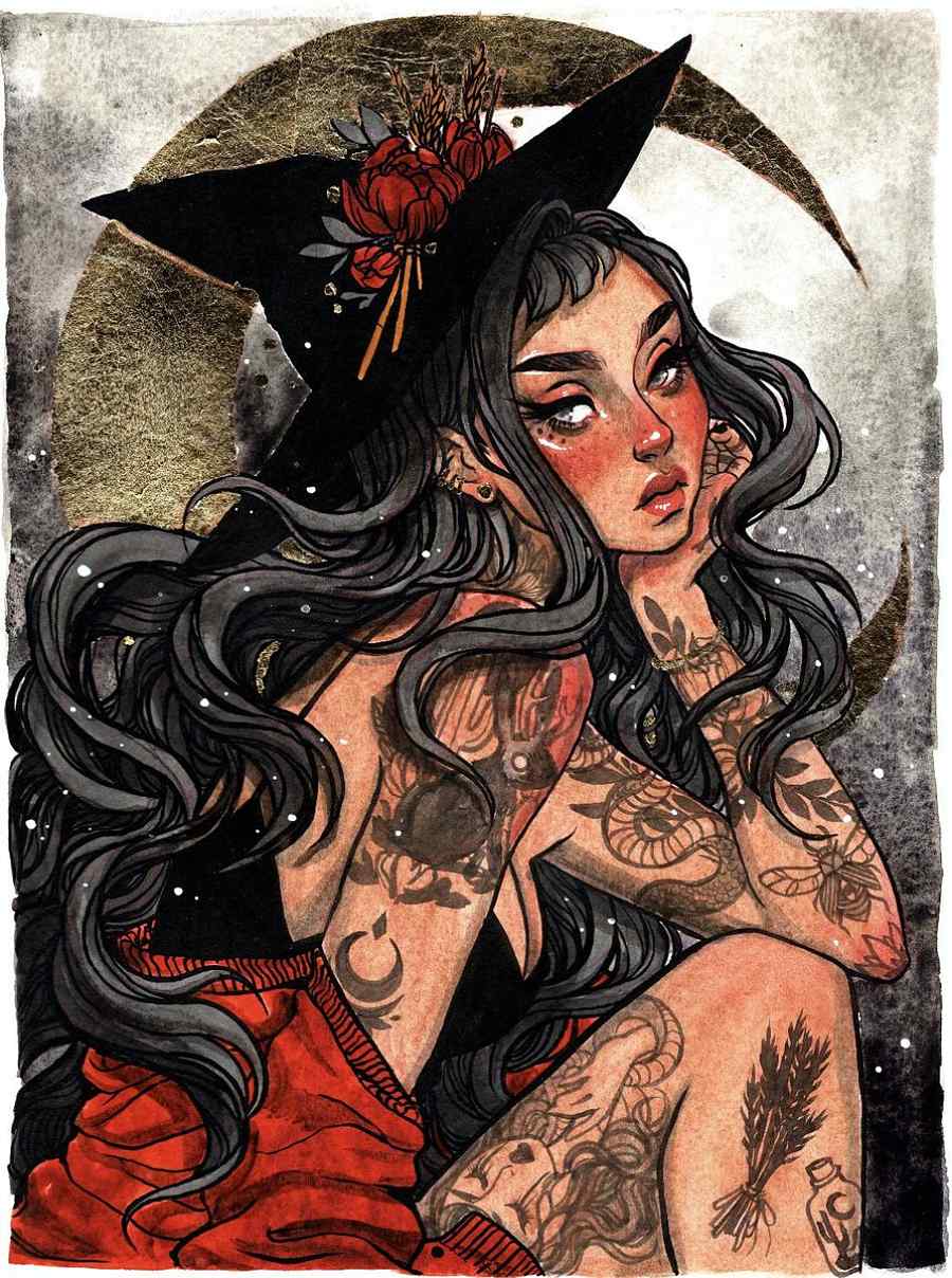 Jacquelin de Leon tattoo witch crescent moon watercolor