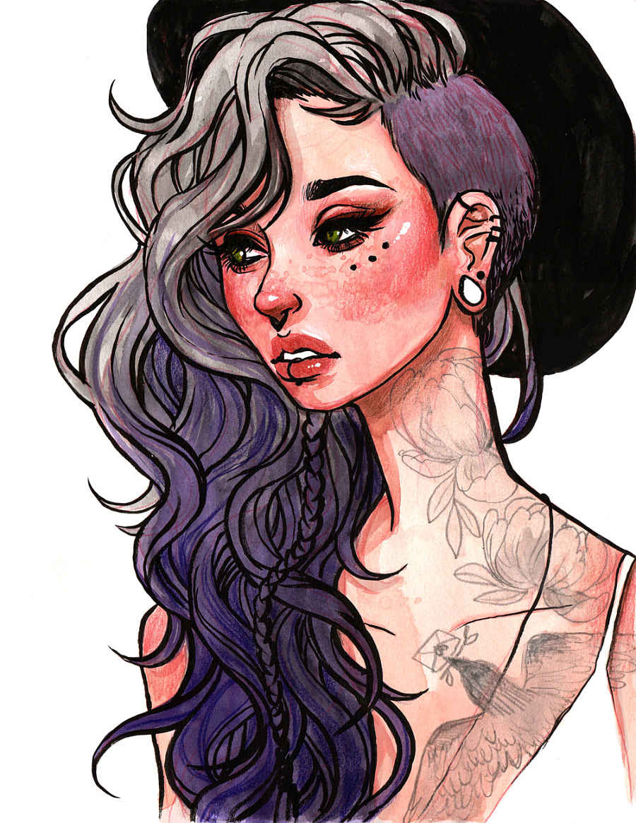Jacquelin de Leon purple hair woman tattoos watercolor