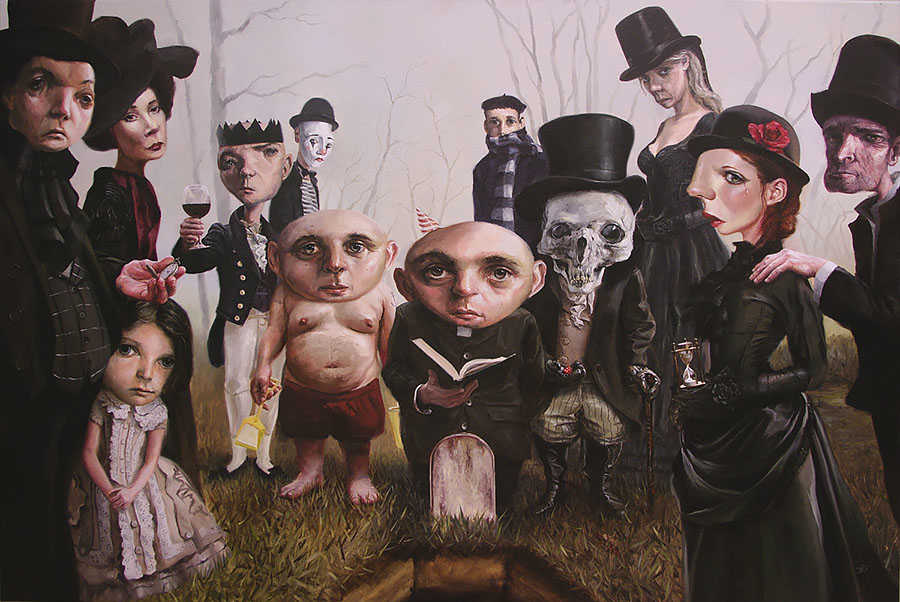 pop art, low brow, oil painting, surrealism, funeral