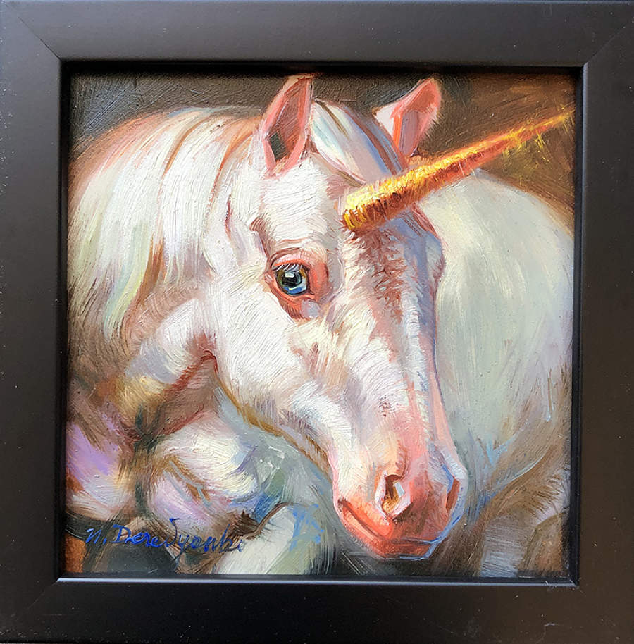 Nataliya Derevyanko 'No Angry Birds' unicorn painting at Distinction Gallery