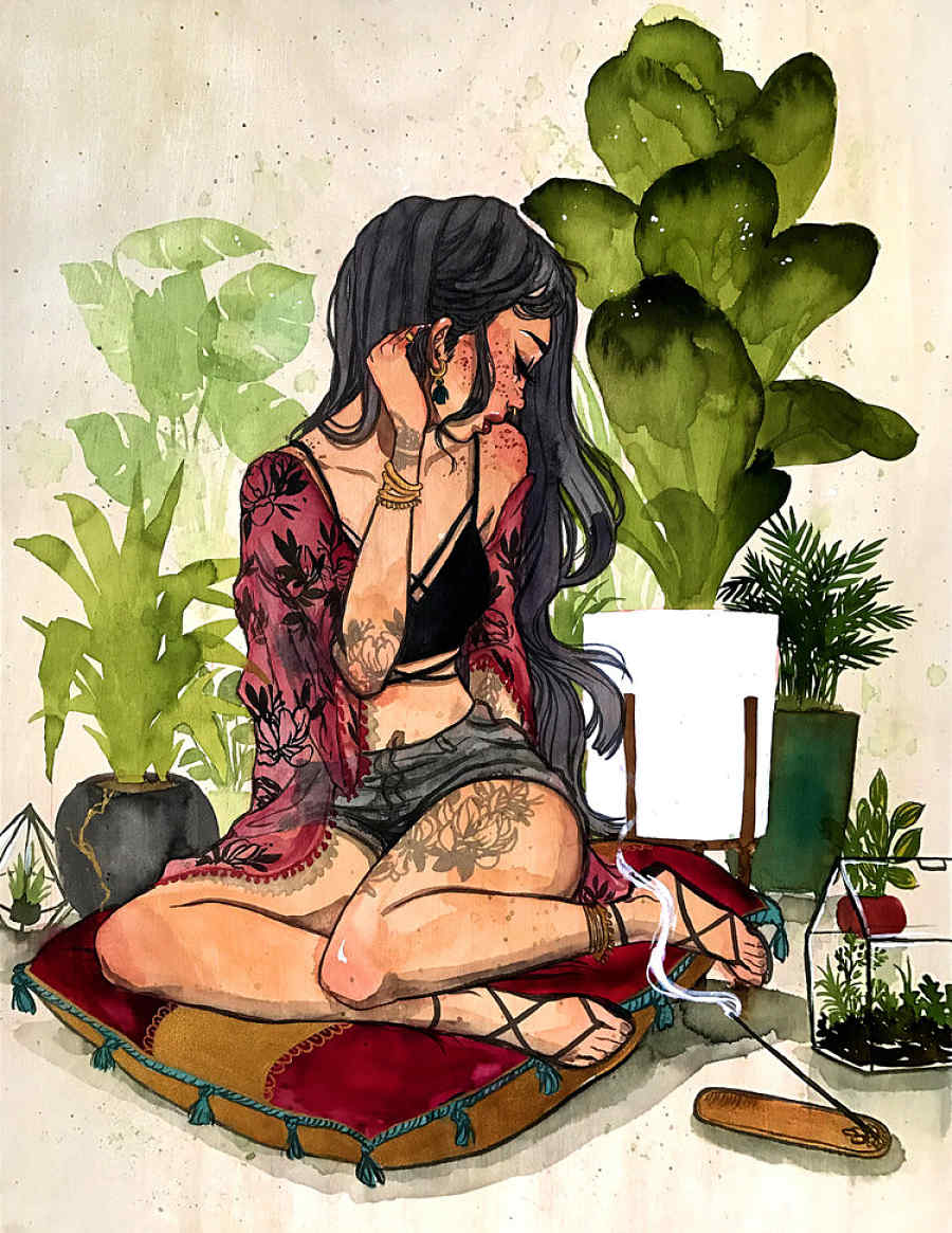 Jacquelin de Leon woman sitting plants incense watercolor