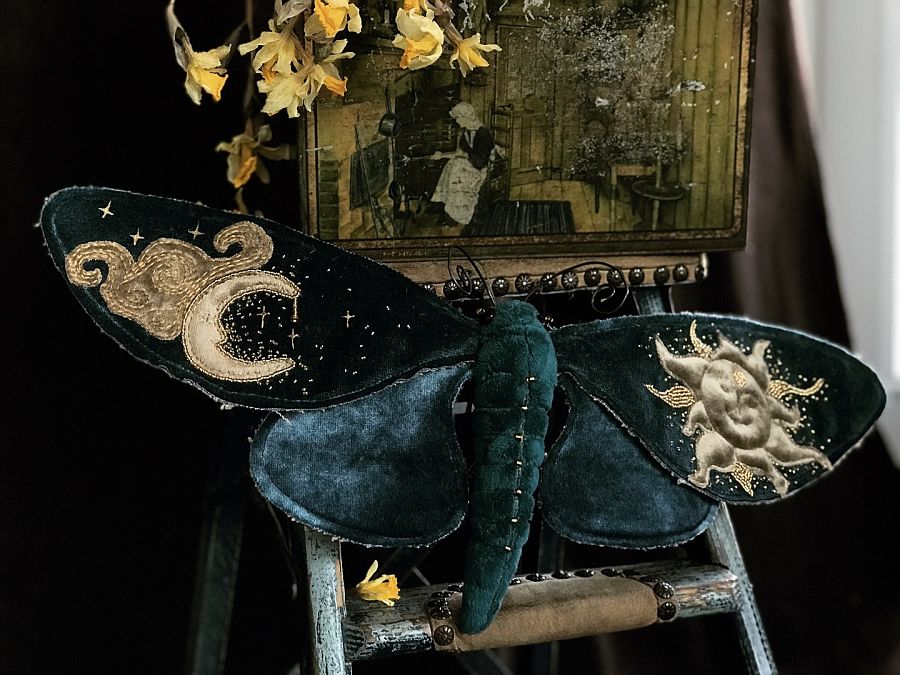 Larysa Bernhardt, “Wanderlust of the Mind” moth fabric sculpture 