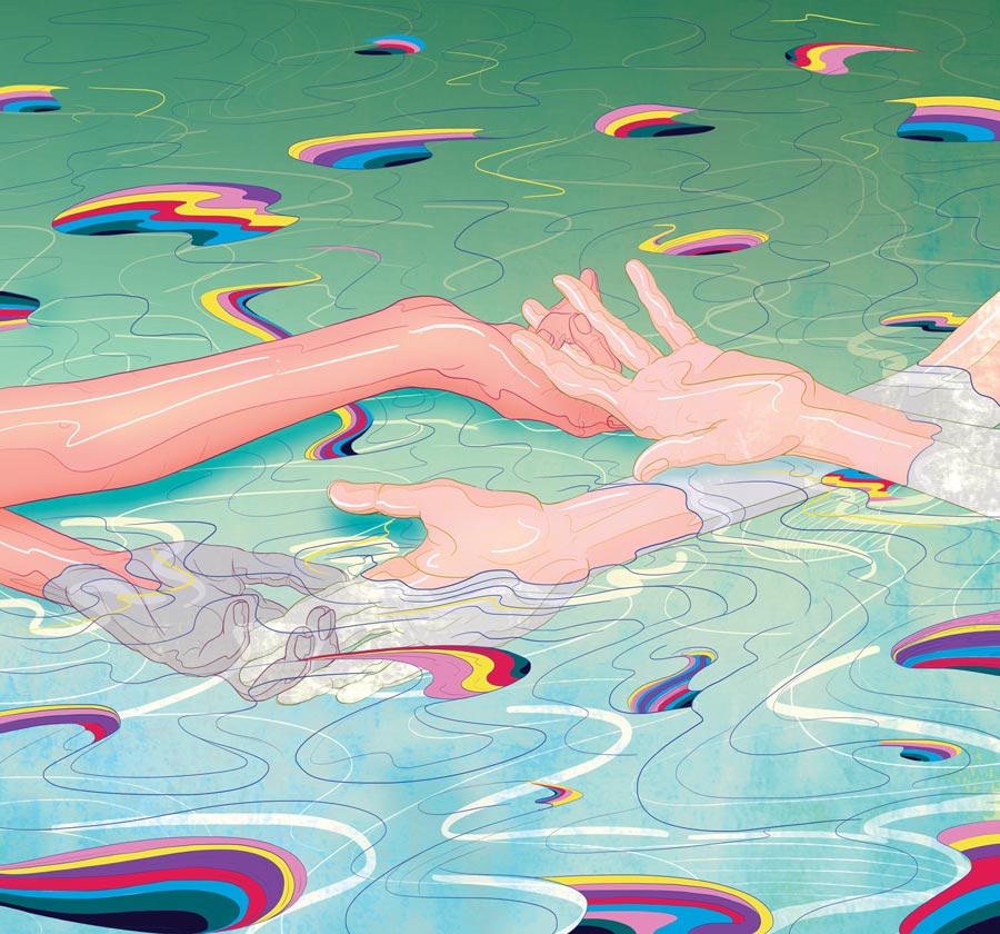MURUGIAH Digital Illustration Clasped Hands Rainbows Water
