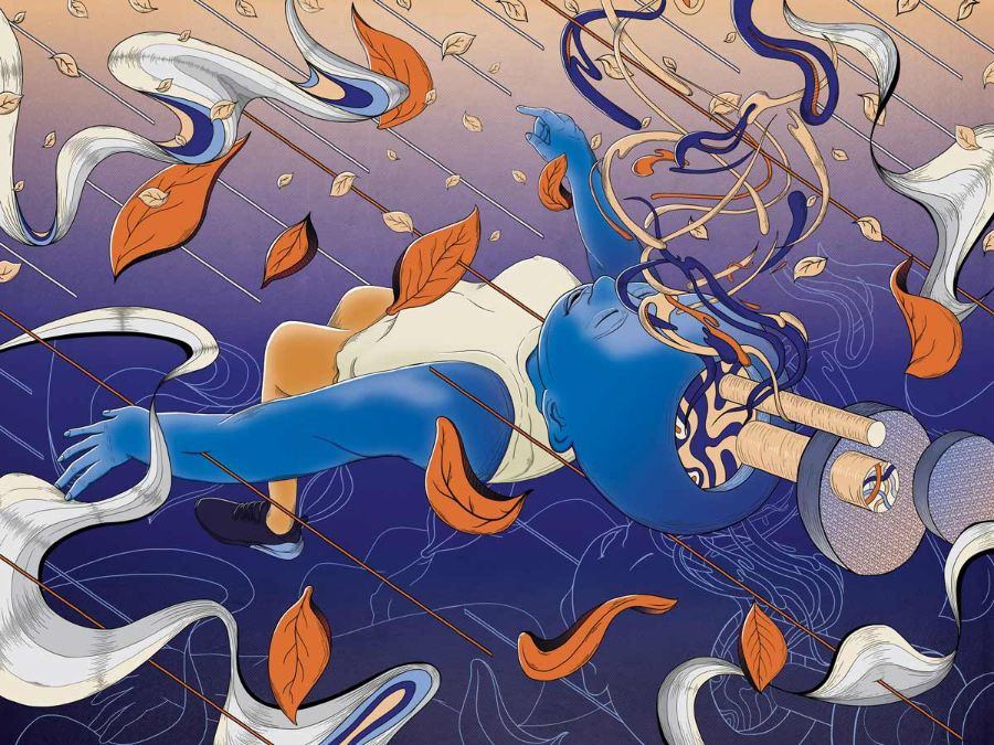 MURUGIAH Digital Illustration Blue Figure Swirls Emerging From Cranium