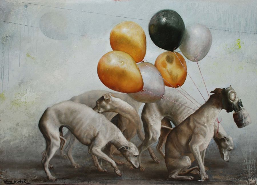 Miguel Escobar dogs and gas mask painting 
