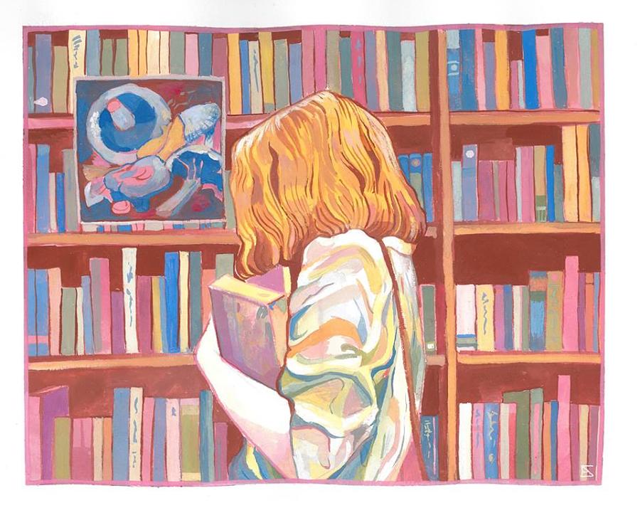 Alejandra Caballero Painting of girl in library holding book