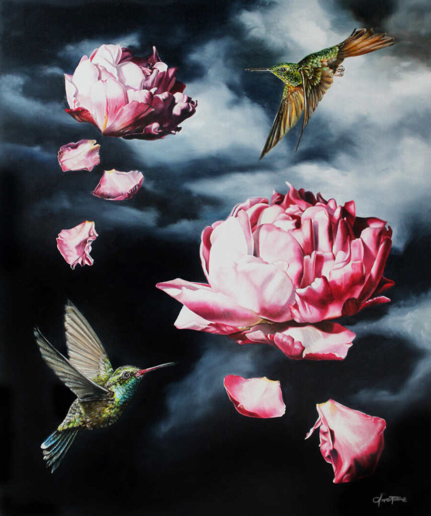 Clare Toms hummingbirds flying pink flowers
