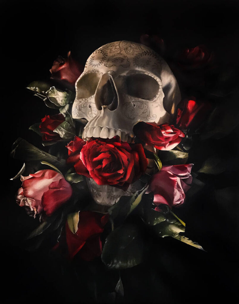 Clare Toms red roses skull