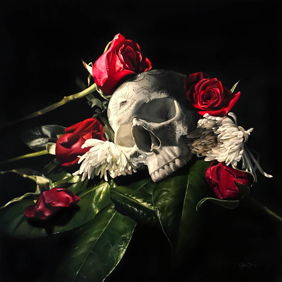 Clare Toms red roses skull painting