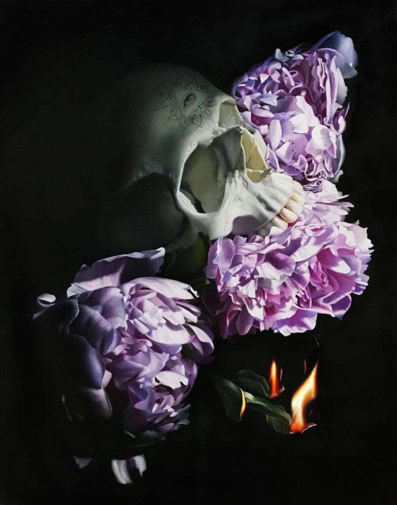 dark art skull painting purple flowers