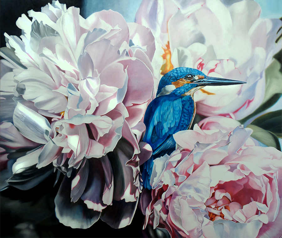 Clare Toms kingfisher flowers painting