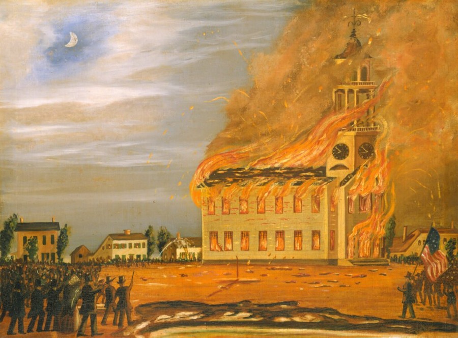 John Hilling Narrative Painting crowds watching as large church is being engulfed in flames