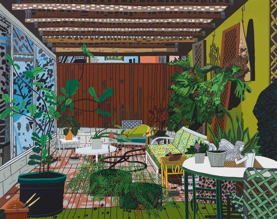 Jonas Wood detailed painting inside patio leafy potted plants 