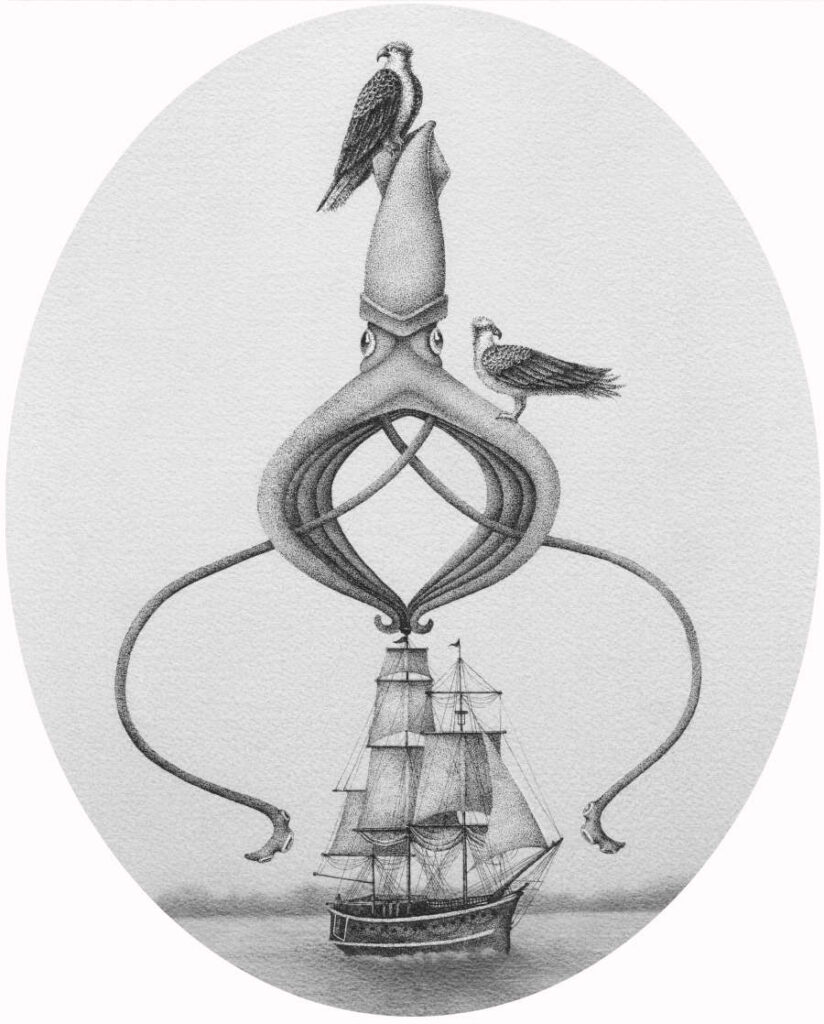 squid lighthouse black white illustration