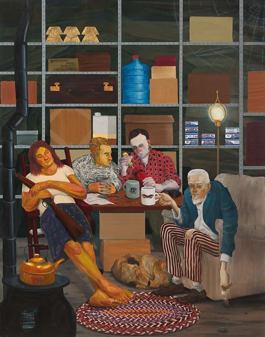 Nicole Eisenman Narrative Painting four mopey depressed men sitting around makeshift table dog at their feet