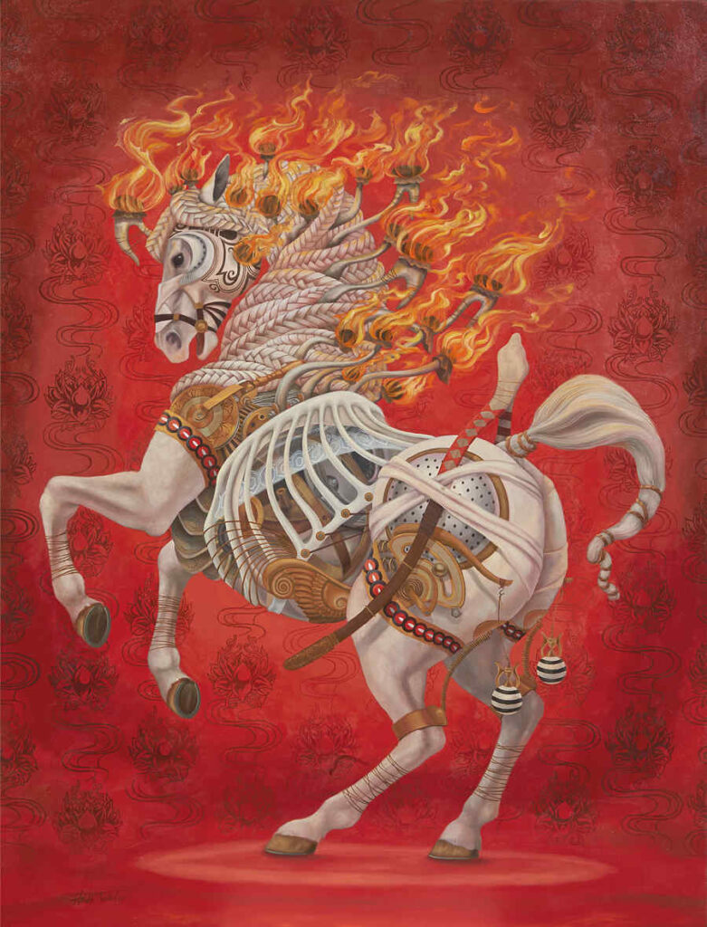 Heidi Taillefer painting of fire horse on red background
