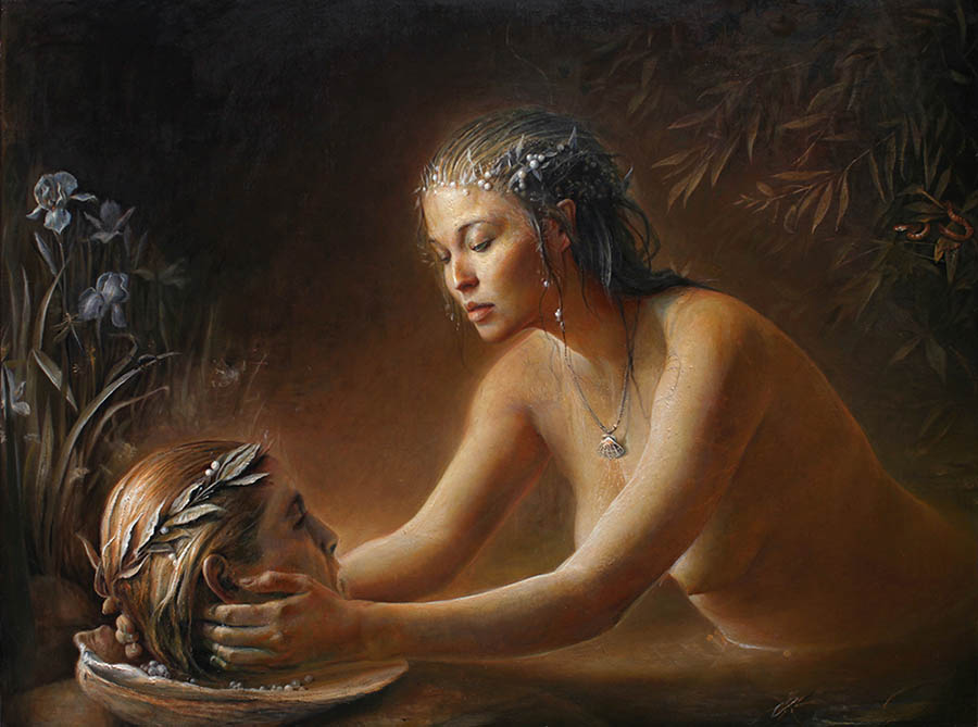 Luke Hillestad “Nymph Preserving the Head of Orpheus” surreal painting 