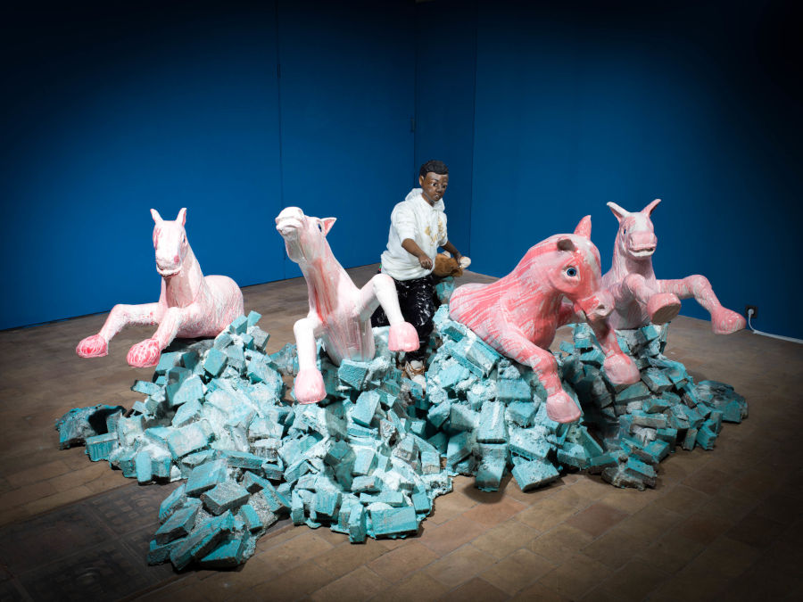 John Moran pink horse boy sculpture