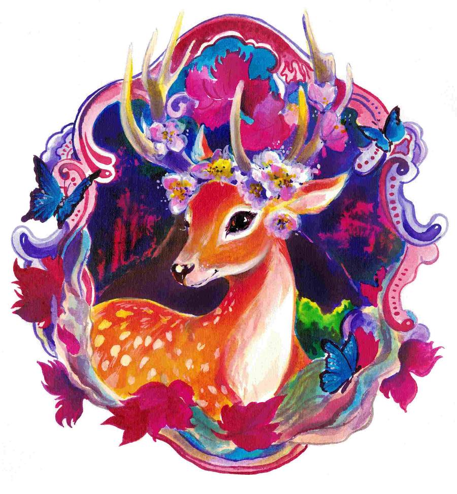 Anna-Sokolova-Ink-Painting-Blooming-Deer
