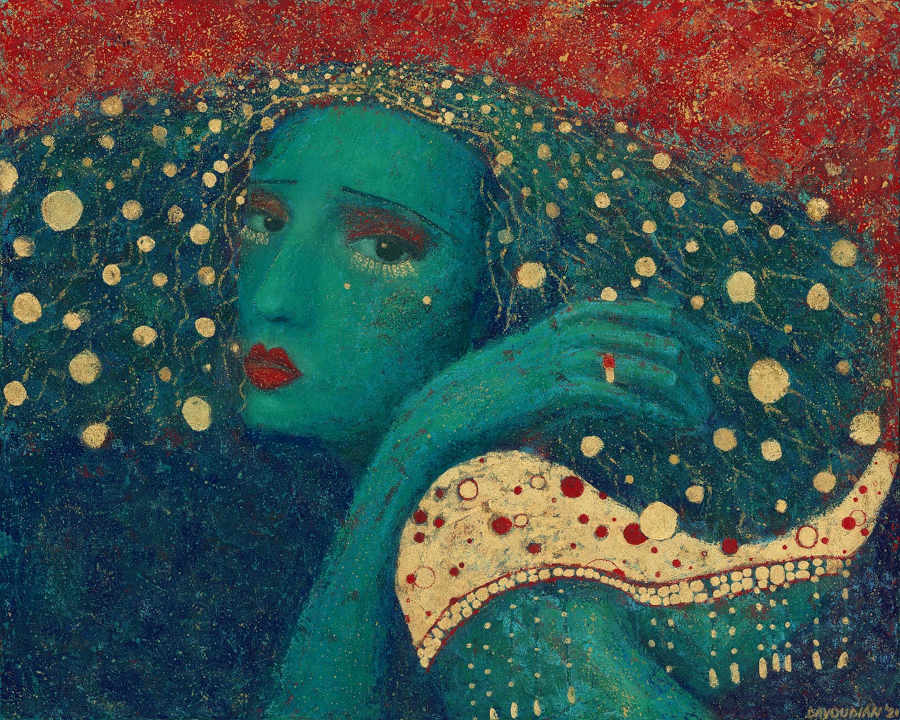 Katharina Davoudian: The Emerald Woman. Acrylic and 23K gold leaf on canvas.