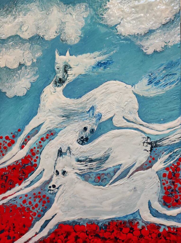 Painting of white horses by artist anna mond
