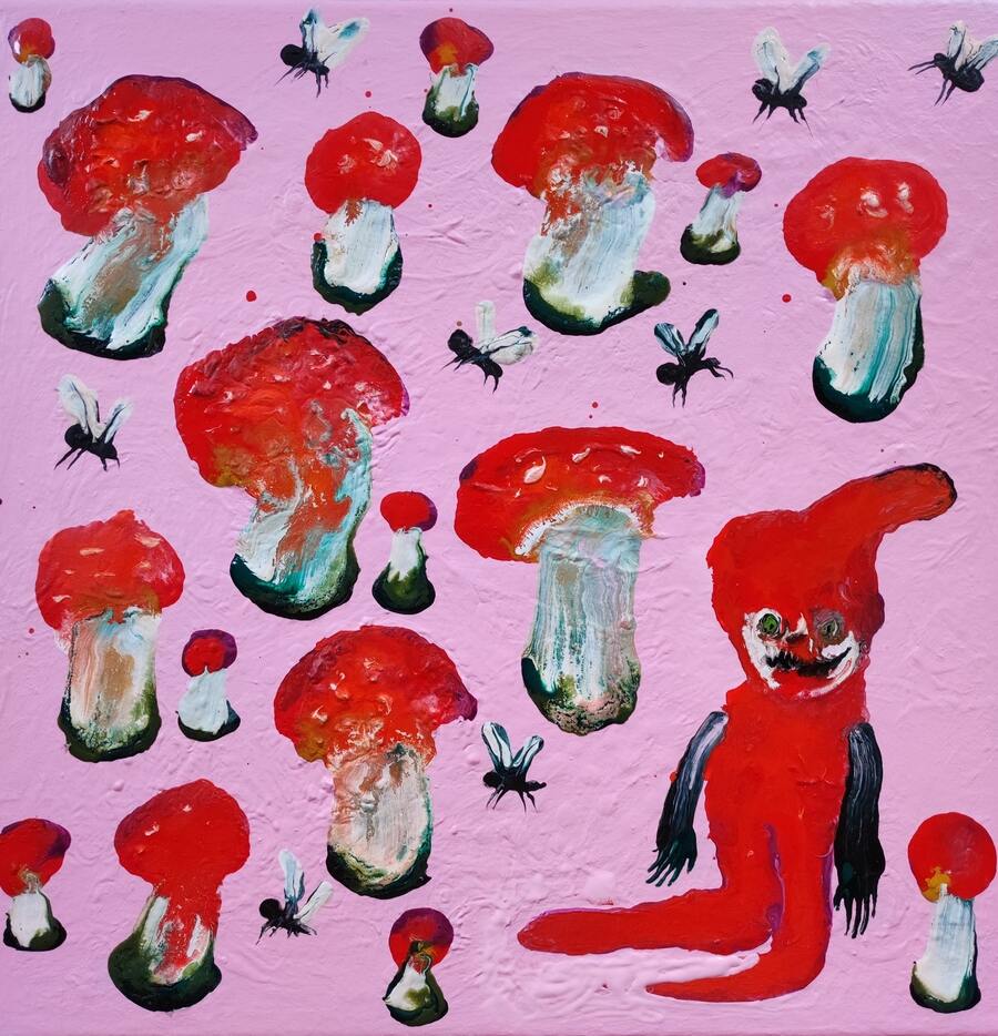 Pink and red painting of gnomes and toadstools by artist Anna Mond