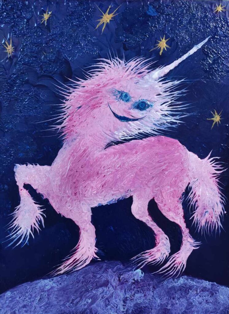 Blue and pink unicorn painting by artist Anna Mond
