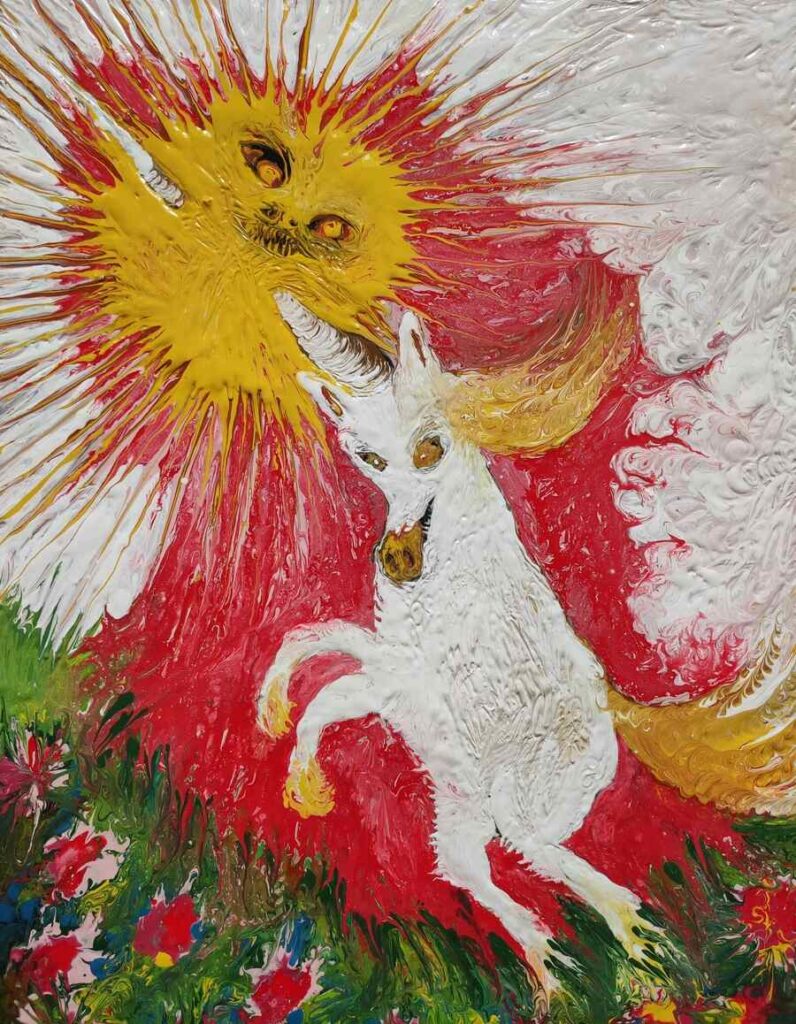 Red and white unicorn and the sun painting by artist Anna Mond