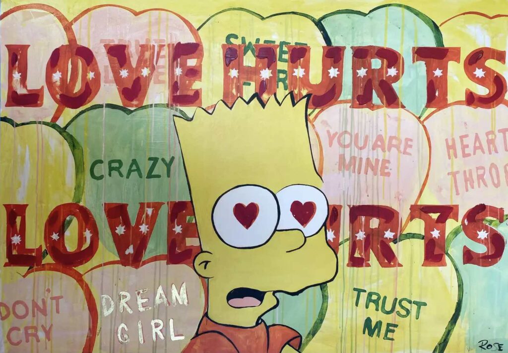 Charlotte Rose painting of Bart Simpson with candy heart background and the words "Love Hurts"
