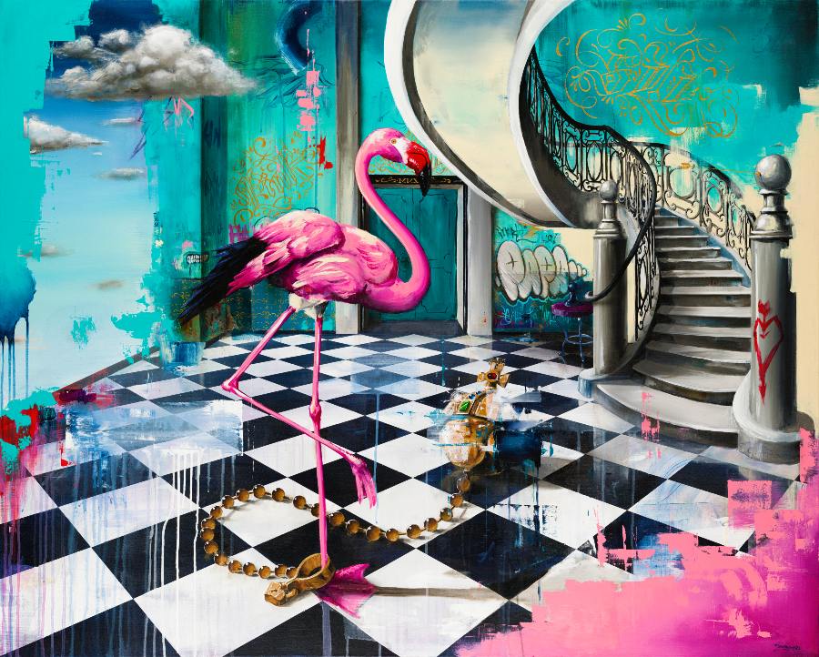 Tommy-Fiendish-Painting-Checkerboard-Floor-Pink-Flamingo