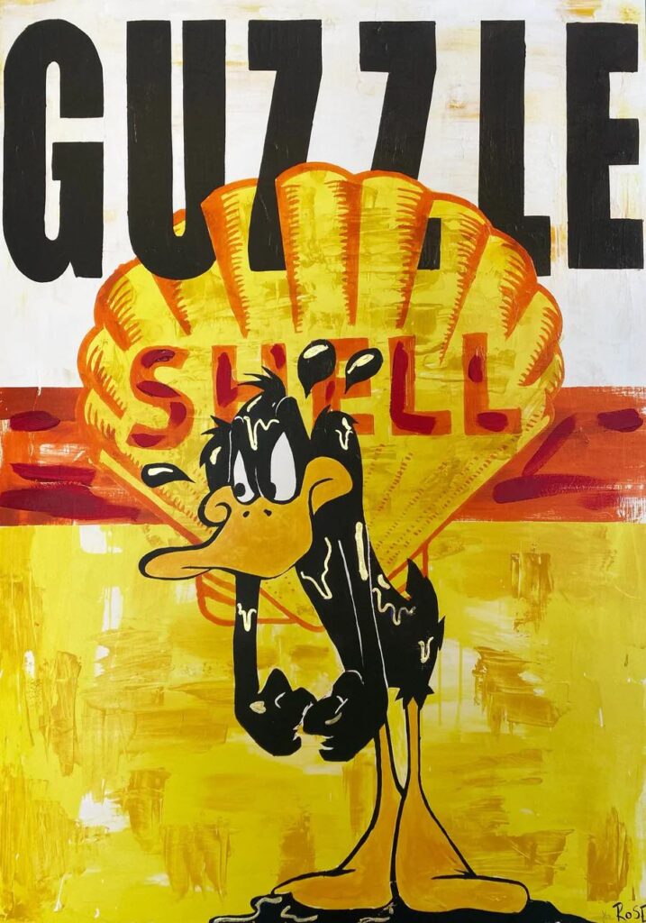 Charlotte Rose painting of Daffy Duck and Shell with the words Guzzle