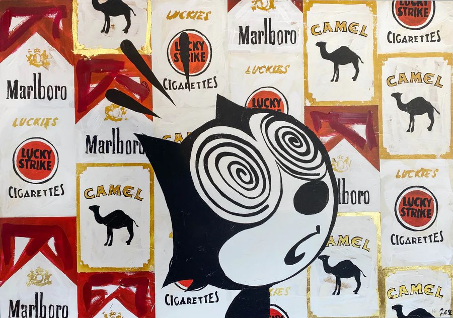 Charlotte Rose painting of hypnotised Felix the Cat and cigarette branding 