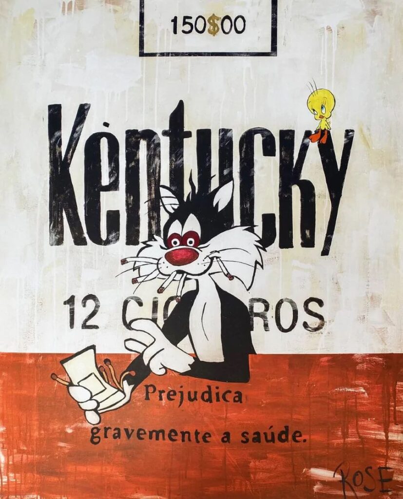 Charlotte Rose painting of Tweety Bird and Sylvester the Cat smoking Kentucky cigarettes. 