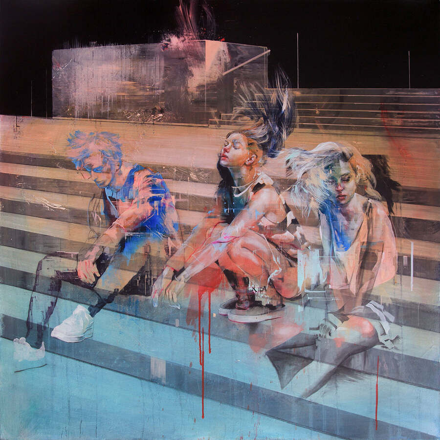 Ian Francis
"A Classical Love Triangle Falls Apart on the Steps of a Park" [Mineral pigments, acrylic paint, indian ink, gohun, japanese paper mounted on wood panel]