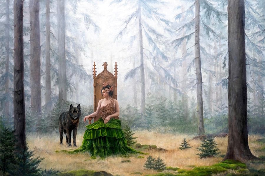 Kristen Eisenbraun of woman sitting on a throne next to a wolf in a forest