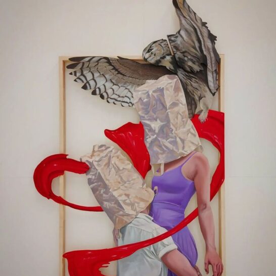 Christian Boehmer of a Woman dancing with a Man and a Flying Owl