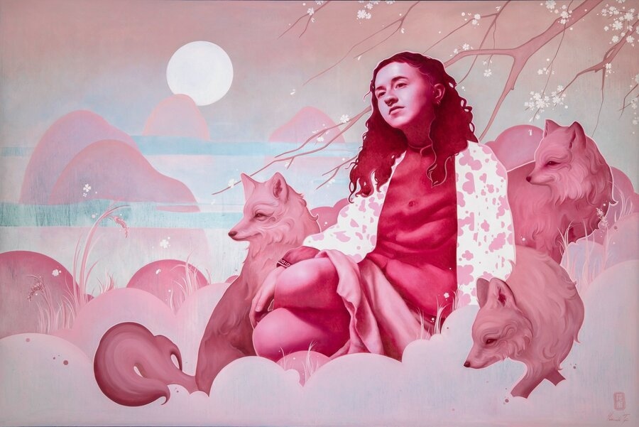 Hannah Tija painting of pink foxes and girl