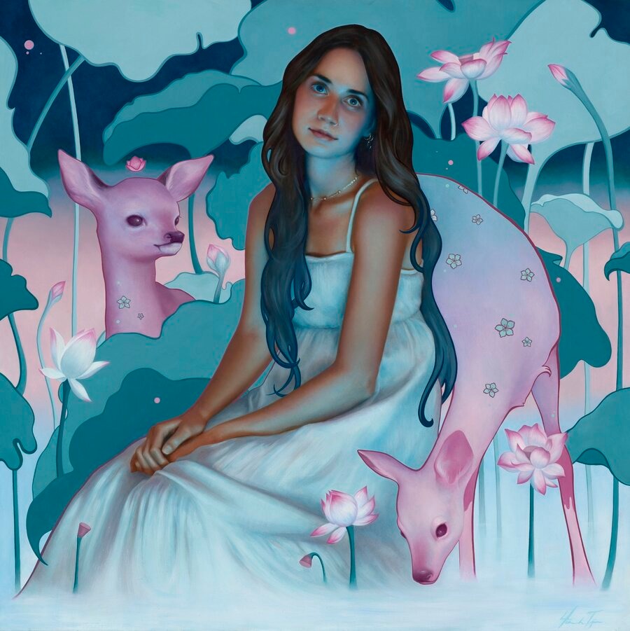 Hannah Tija painting of deers and girl in forest