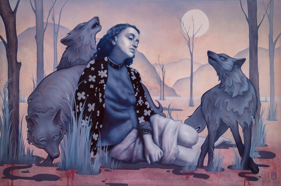 Hannah Tija painting of wolves and girl