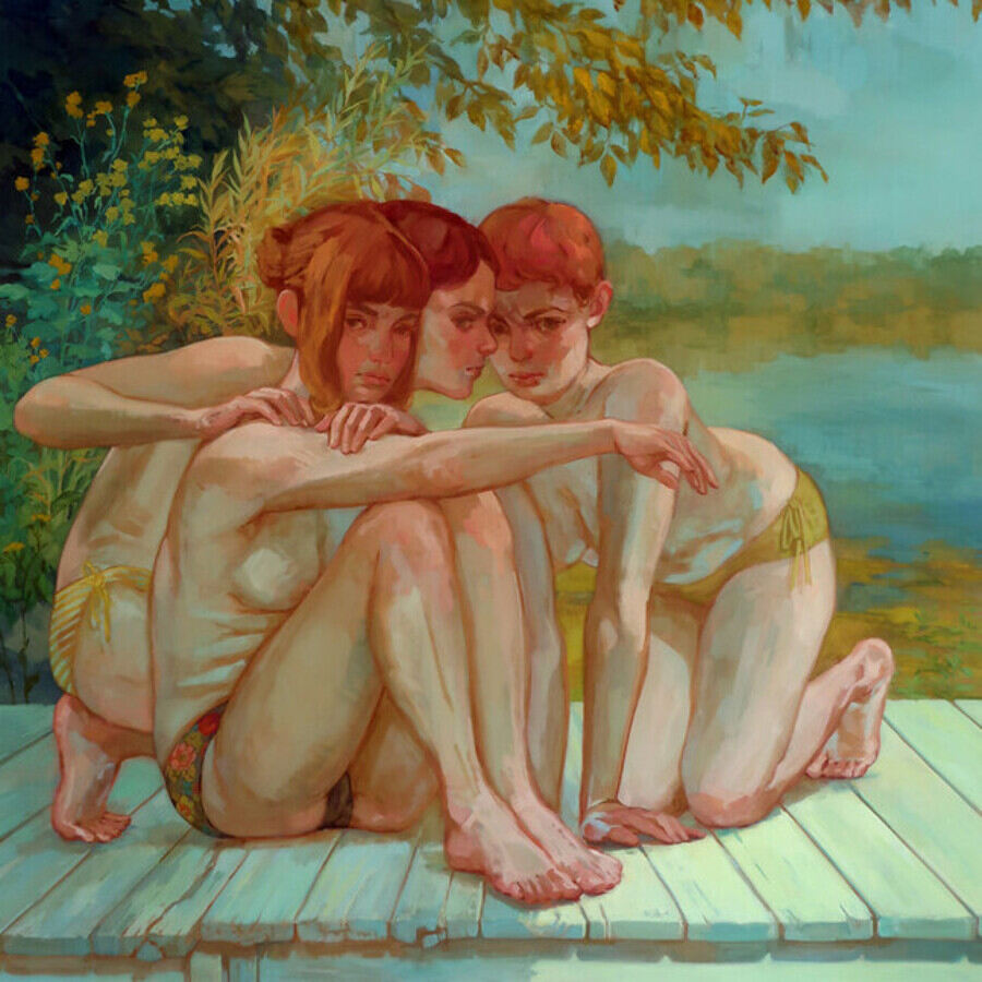 Bathers on a dock by Rachel Gregor 