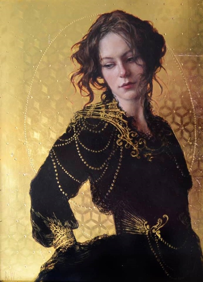 Untitled portrait with gold leaf of a brunette woman wearing a black and gold dress by painter Stephanie Rew