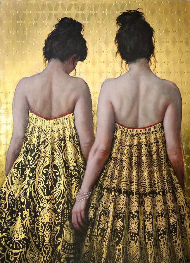Untitled gold painting featuring two women wearing gold dresses with their backs turned by painter Stephanie Rew