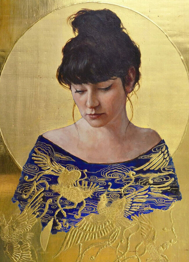 Untitled portrait with gold leaf of a brunette woman wearing a blue and gold dress by painter Stephanie Rew