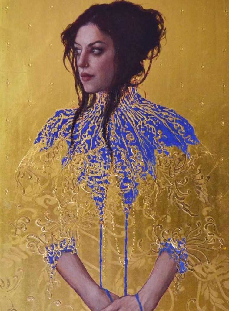 Untitled portrait with gold leaf of a brunette woman wearing a blue and gold dress by painter Stephanie Rew
